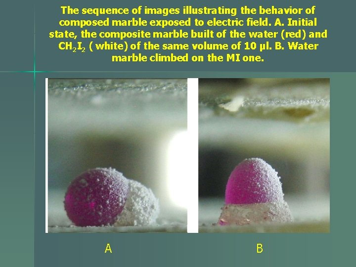 The sequence of images illustrating the behavior of composed marble exposed to electric field.