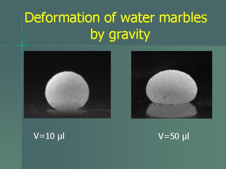 Deformation of water marbles by gravity V=10 μl V=50 μl 