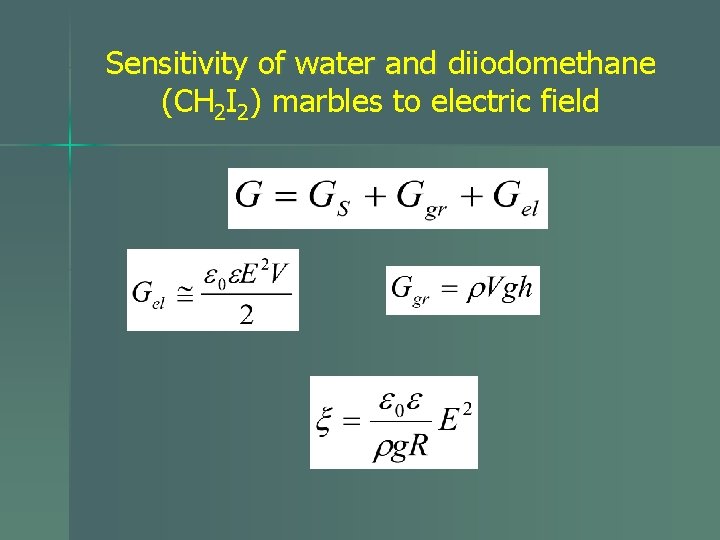 Sensitivity of water and diiodomethane (CH 2 I 2) marbles to electric field 