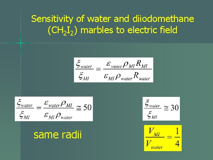 Sensitivity of water and diiodomethane (CH 2 I 2) marbles to electric field same