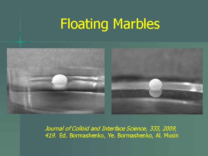 Floating Marbles Journal of Colloid and Interface Science, 333, 2009, 419. Ed. Bormashenko, Ye.