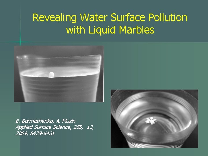 Revealing Water Surface Pollution with Liquid Marbles E. Bormashenko, A. Musin Applied Surface Science,