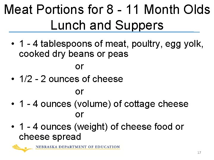 Meat Portions for 8 - 11 Month Olds Lunch and Suppers • 1 -