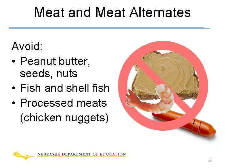 Meat and Meat Alternates Avoid: • Peanut butter, seeds, nuts • Fish and shell