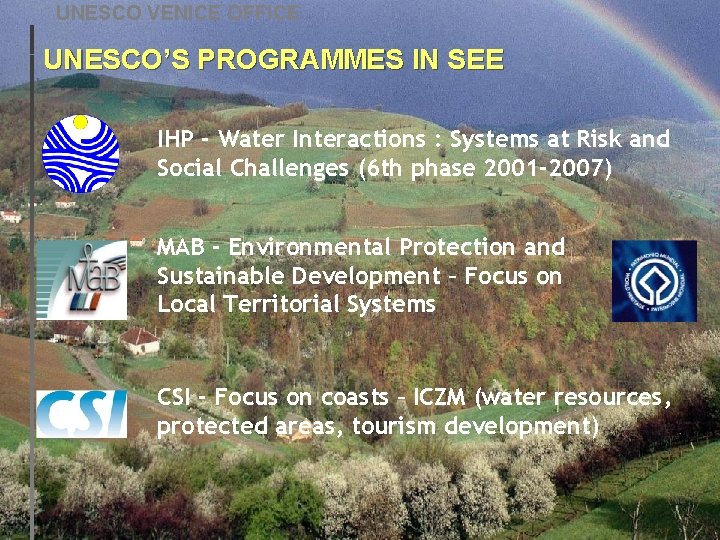 UNESCO VENICE OFFICE UNESCO’S PROGRAMMES IN SEE IHP - Water Interactions : Systems at