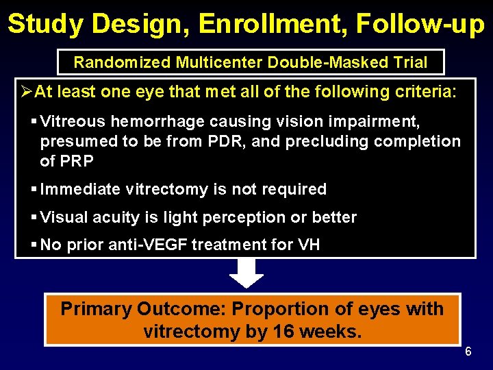 Study Design, Enrollment, Follow-up Randomized Multicenter Double-Masked Trial At least one eye that met