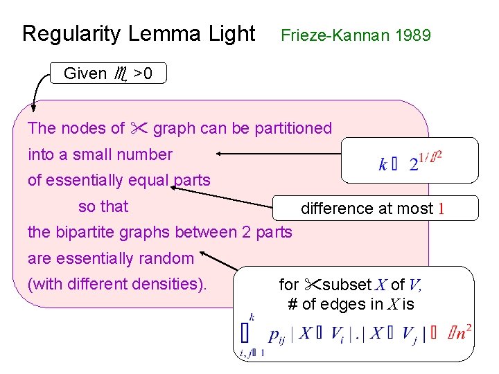 Regularity Lemma Light Frieze-Kannan 1989 Given >0 The nodes of graph can be partitioned