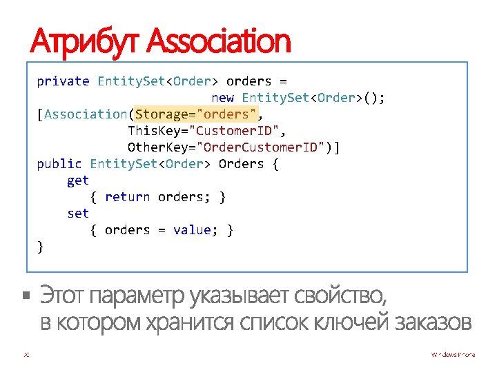 Атрибут Association private Entity. Set<Order> orders = new Entity. Set<Order>(); [Association(Storage="orders", This. Key="Customer. ID",