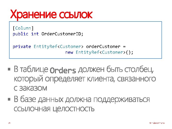 Хранение ссылок [Column] public int Order. Customer. ID; private Entity. Ref<Customer> order. Customer =