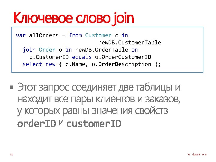 Ключевое слово join var all. Orders = from Customer c in new. DB. Customer.