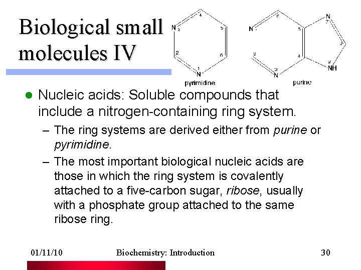 Biological small molecules IV l Nucleic acids: Soluble compounds that include a nitrogen-containing ring