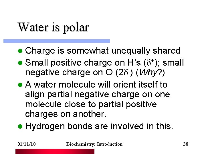 Water is polar l Charge is somewhat unequally shared l Small positive charge on