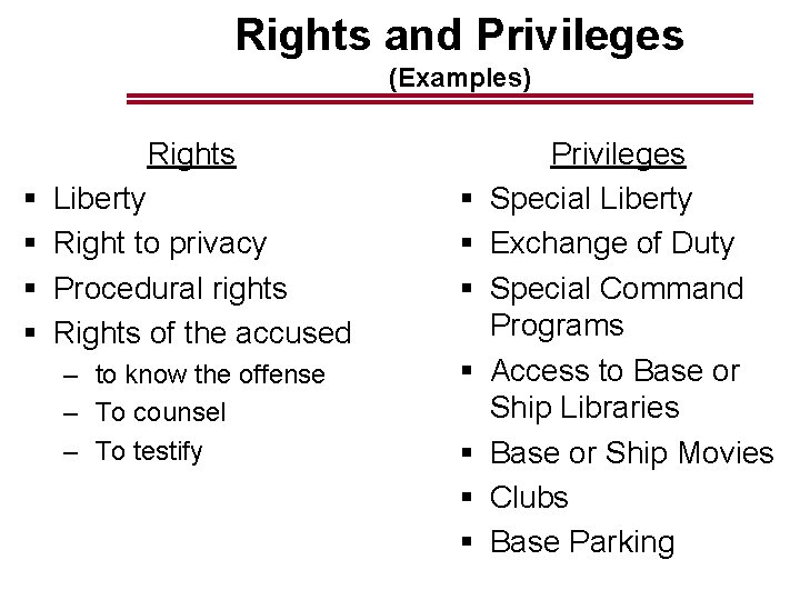 Rights and Privileges (Examples) § § Rights Liberty Right to privacy Procedural rights Rights