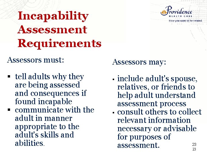 Incapability Assessment Requirements Assessors must: § tell adults why they are being assessed and