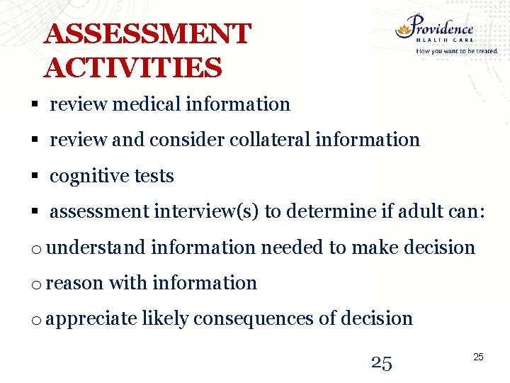 ASSESSMENT ACTIVITIES § review medical information § review and consider collateral information § cognitive