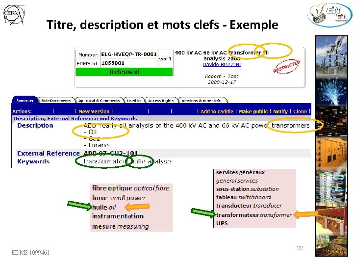 Titre, description et mots clefs - Exemple EDMS 1099461 22 