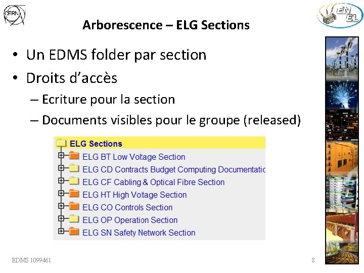 Arborescence – ELG Sections • Un EDMS folder par section • Droits d’accès –