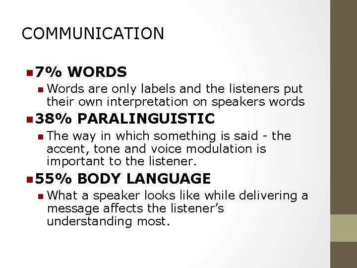 COMMUNICATION n 7% WORDS n Words are only labels and the listeners put their