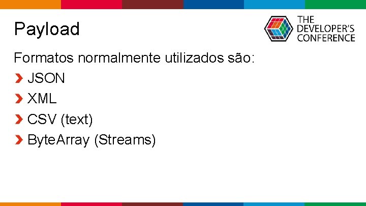  Payload Formatos normalmente utilizados são: JSON XML CSV (text) Byte. Array (Streams) Globalcode