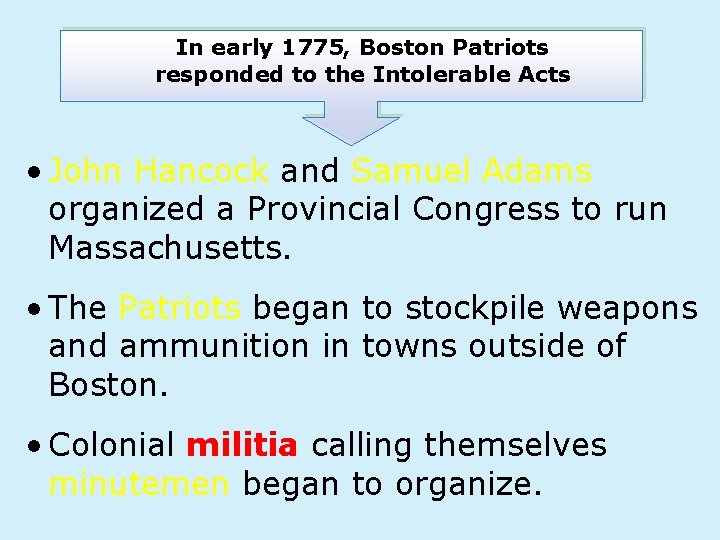 In early 1775, Boston Patriots responded to the Intolerable Acts • John Hancock and