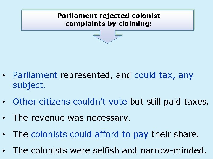 Parliament rejected colonist complaints by claiming: • Parliament represented, and could tax, any subject.