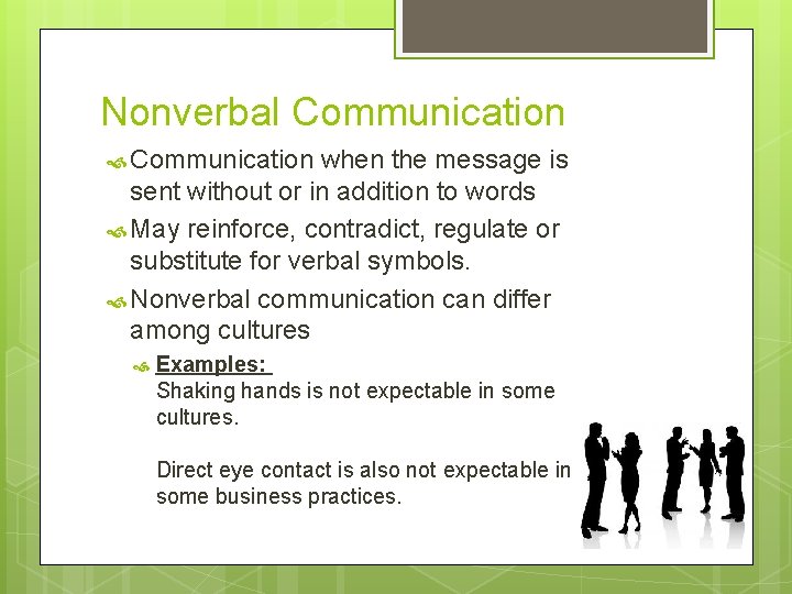 Nonverbal Communication when the message is sent without or in addition to words May