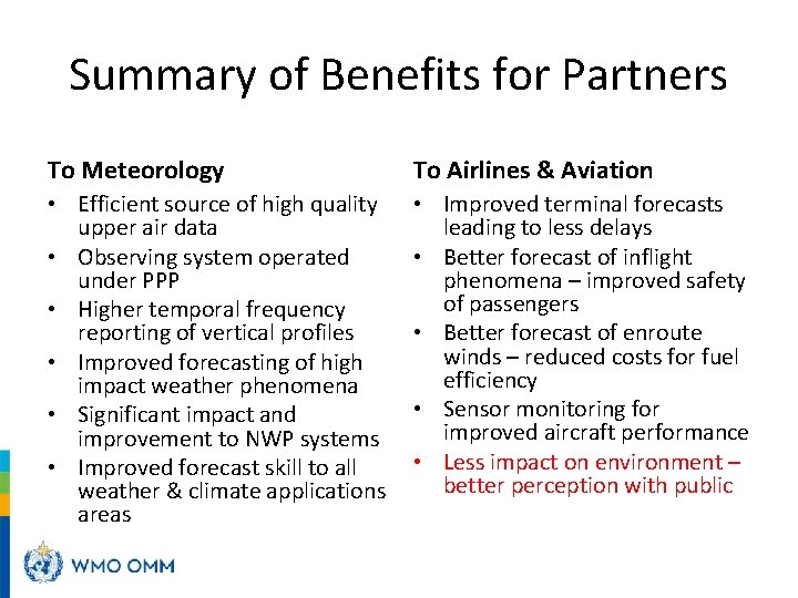 Summary of Benefits for Partners To Meteorology To Airlines & Aviation • Efficient source