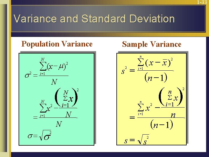 1 -33 Variance and Standard Deviation Population Variance n N å(x - m) s