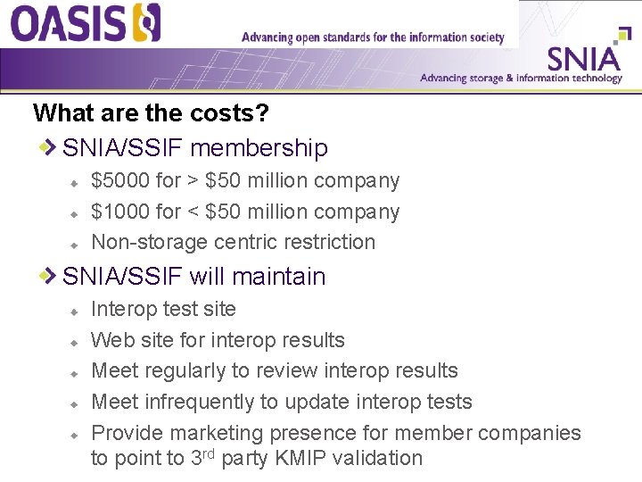 What are the costs? SNIA/SSIF membership $5000 for > $50 million company $1000 for