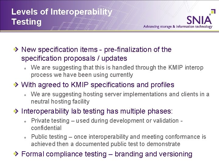 Levels of Interoperability Testing New specification items - pre-finalization of the specification proposals /