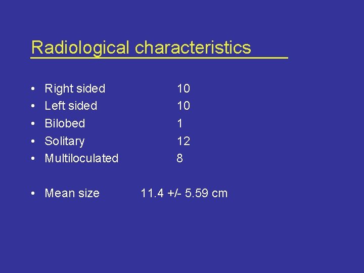 Radiological characteristics • • • Right sided Left sided Bilobed Solitary Multiloculated • Mean