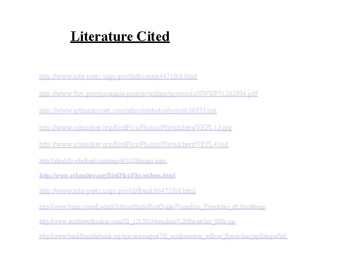 Literature Cited http: //www. mbr-pwrc. usgs. gov/Infocenter/i 4710 id. html http: //www. fws. gov/mountain-prairie/endspp/protocols/SWWF%202004.