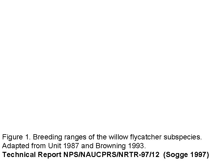 Figure 1. Breeding ranges of the willow flycatcher subspecies. Adapted from Unit 1987 and
