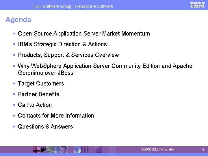 IBM Software Group | Web. Sphere Software Agenda § Open Source Application Server Market IBM Software Group | Web. Sphere Software Agenda § Open Source Application Server Market