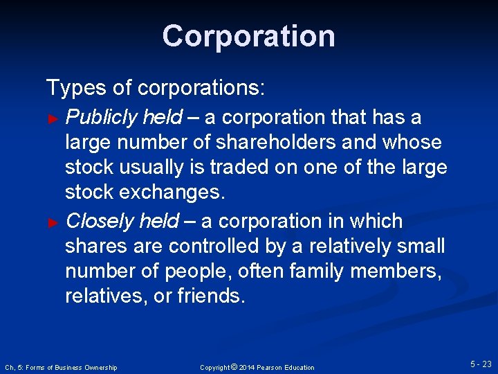Corporation Types of corporations: ► Publicly held – a corporation that has a large
