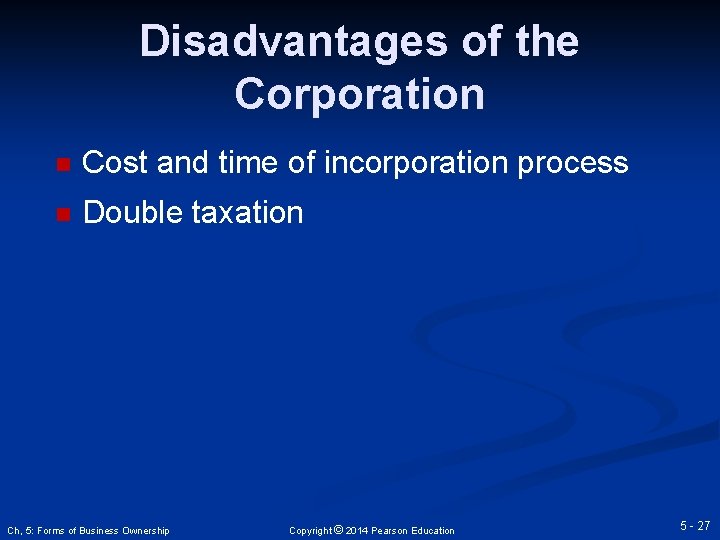 Disadvantages of the Corporation n Cost and time of incorporation process n Double taxation