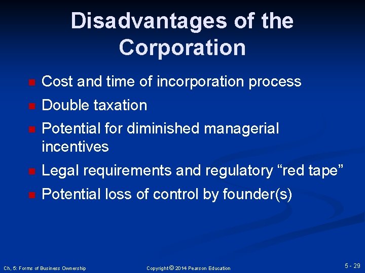 Disadvantages of the Corporation n Cost and time of incorporation process n Double taxation