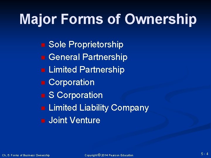 Major Forms of Ownership n n n n Sole Proprietorship General Partnership Limited Partnership