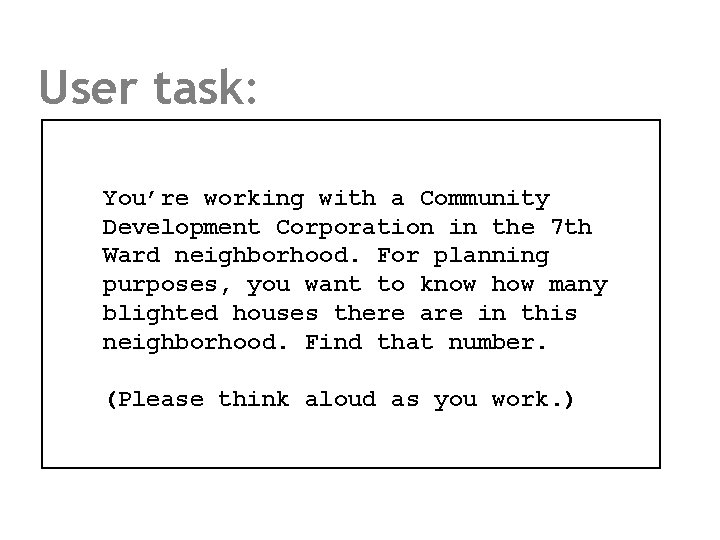 User task: You’re working with a Community Development Corporation in the 7 th Ward