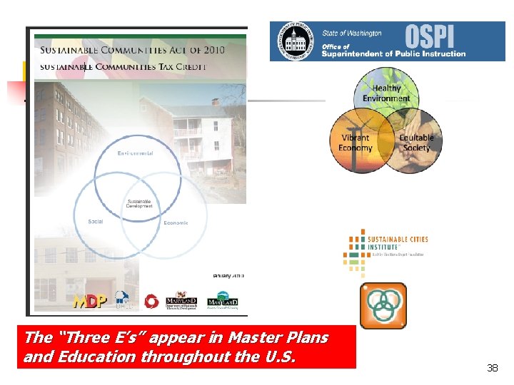 The “Three E’s” appear in Master Plans and Education throughout the U. S. 38