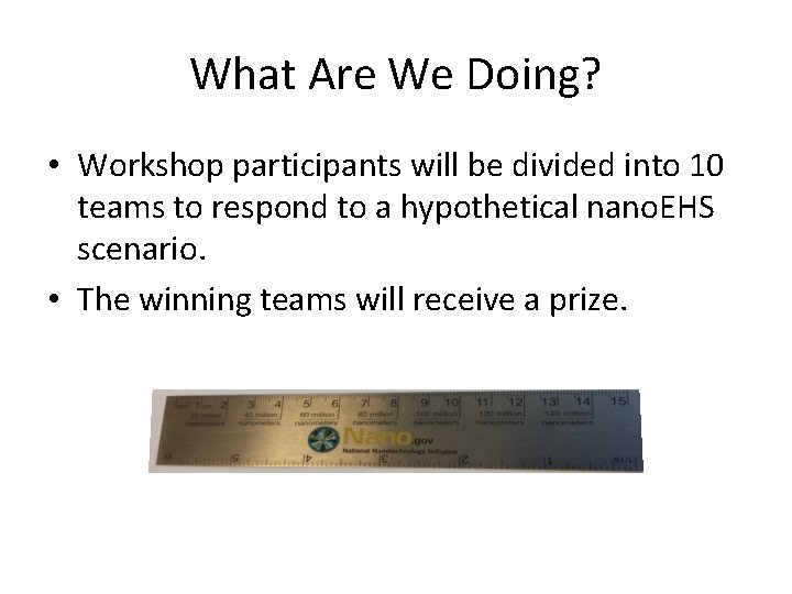 What Are We Doing? • Workshop participants will be divided into 10 teams to