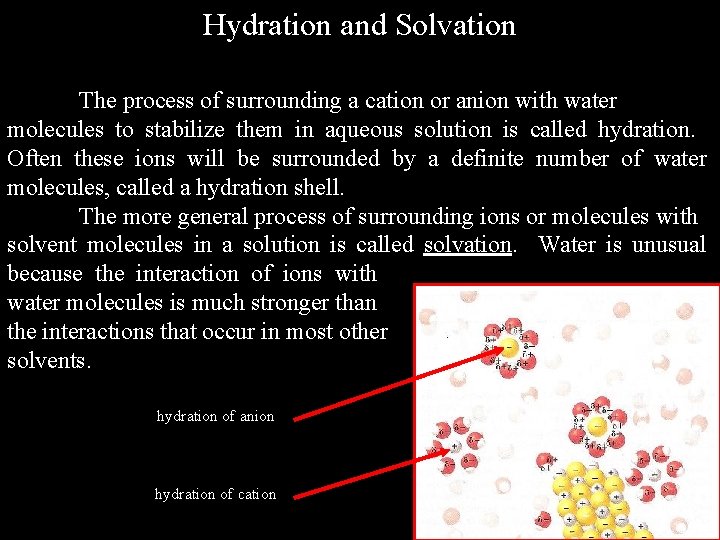 Hydration and Solvation The process of surrounding a cation or anion with water molecules