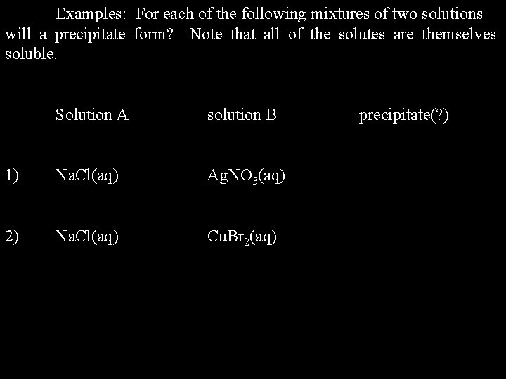 Examples: For each of the following mixtures of two solutions will a precipitate form?