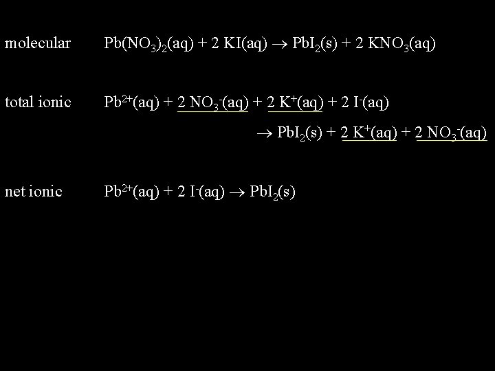 molecular Pb(NO 3)2(aq) + 2 KI(aq) Pb. I 2(s) + 2 KNO 3(aq) total