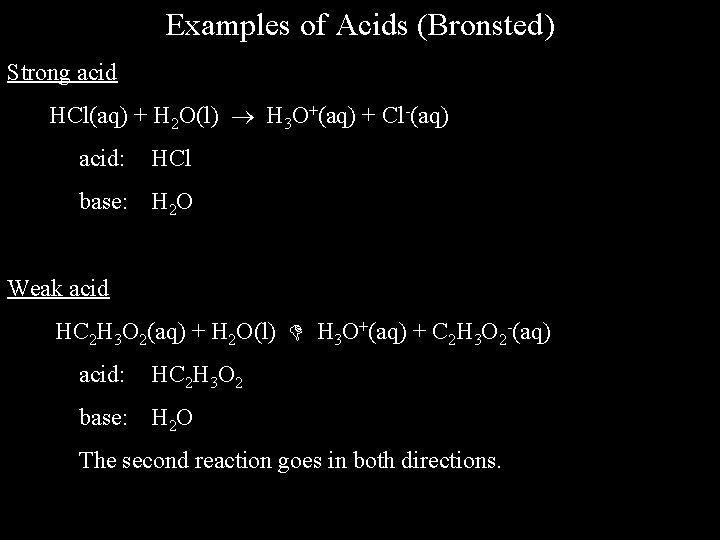 Examples of Acids (Bronsted) Strong acid HCl(aq) + H 2 O(l) H 3 O+(aq)