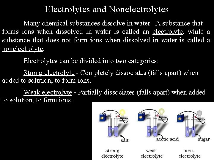 Electrolytes and Nonelectrolytes Many chemical substances dissolve in water. A substance that forms ions