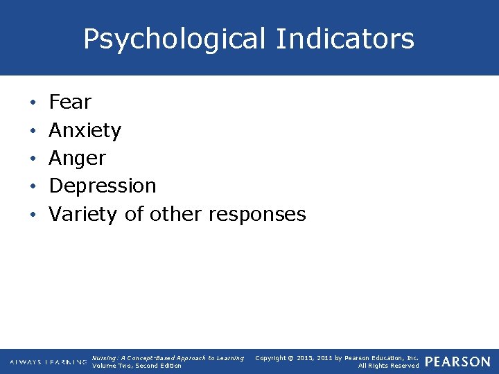 Psychological Indicators • • • Fear Anxiety Anger Depression Variety of other responses Nursing: