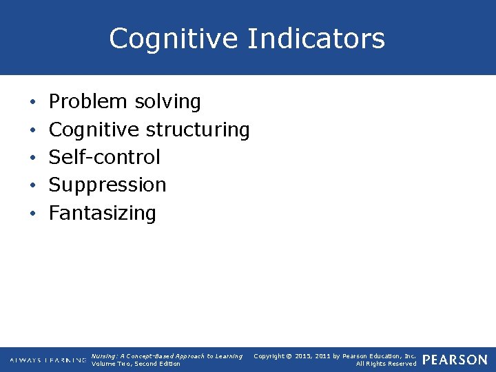Cognitive Indicators • • • Problem solving Cognitive structuring Self-control Suppression Fantasizing Nursing: A