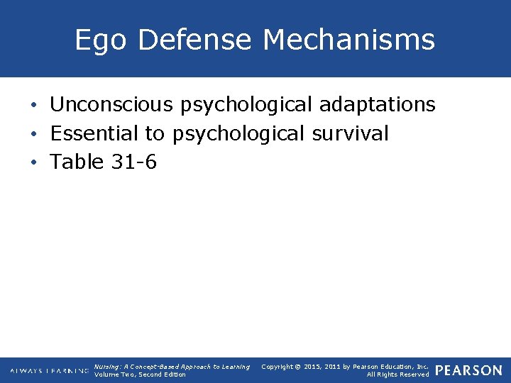 Ego Defense Mechanisms • Unconscious psychological adaptations • Essential to psychological survival • Table