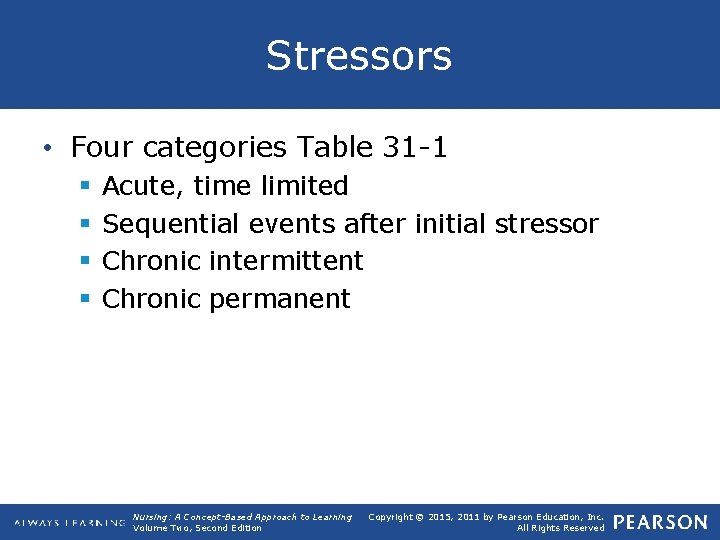 Stressors • Four categories Table 31 -1 § § Acute, time limited Sequential events